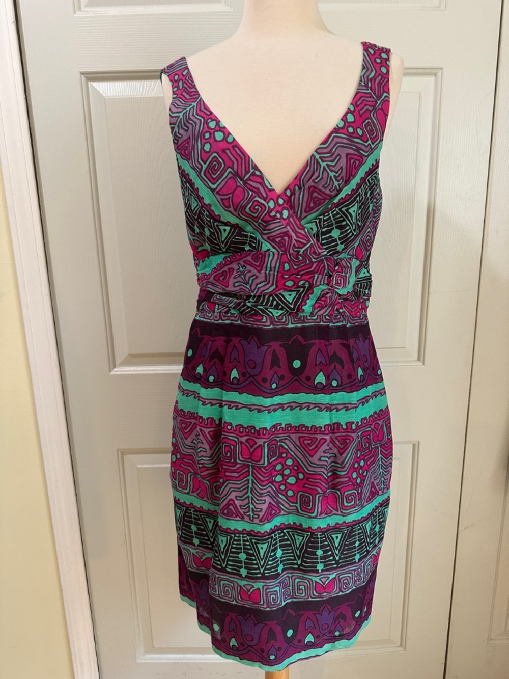 Nanette Lepore Sleeveless V-Neck Printed Midi Dress in Magenta & Teal